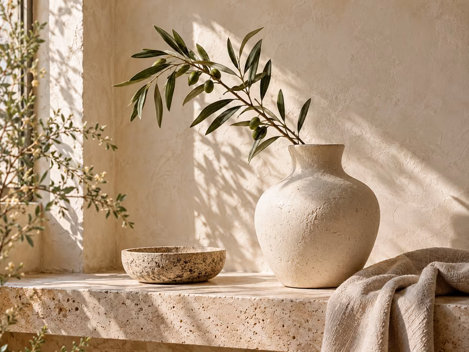 Sunlit ceramic vase, olive branch and woven linen on a textured travertine ledge