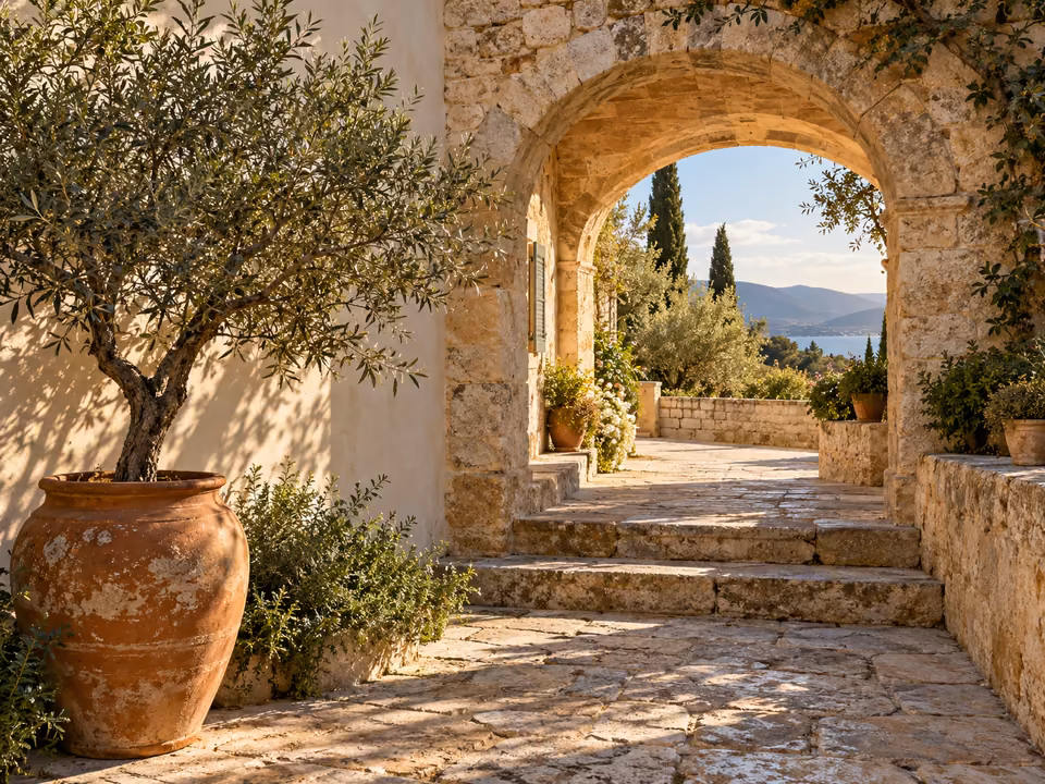 Mediterranean stone courtyard with a terracotta olive pot and warm afternoon shadows