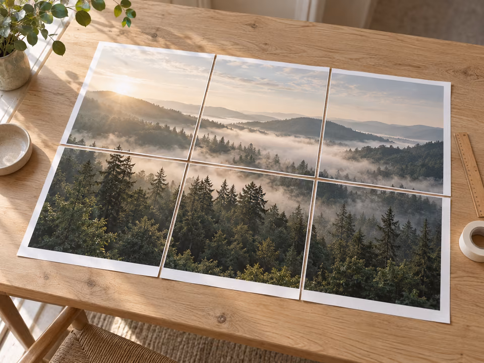 Six matte forest photograph sheets arranged as a poster on a pale oak table in natural window light